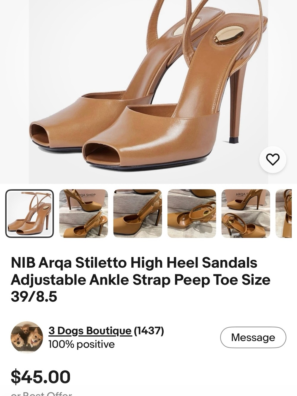 ARQ Tan Leather Peep-Toe Stiletto Slingback Heels